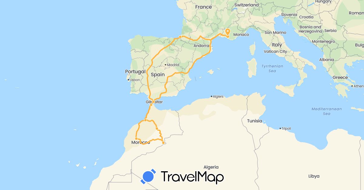 TravelMap itinerary: driving, 4l in Spain, France, Morocco (Africa, Europe)